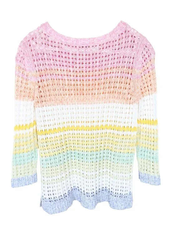 TALBOTS Pastel Rainbow Stripe Crochet Sheer Pullover Sweater Mp Cotton Coastal - Picture 3 of 5